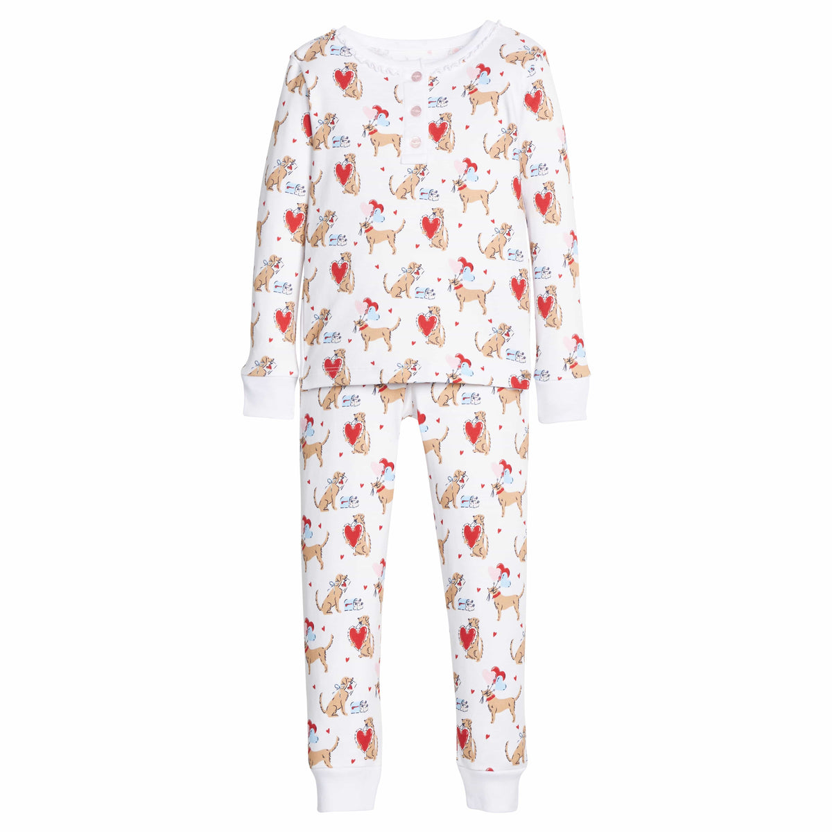 little english classic children's clothing girls long sleeve and pant pajamas with lab and red hearts all over print 