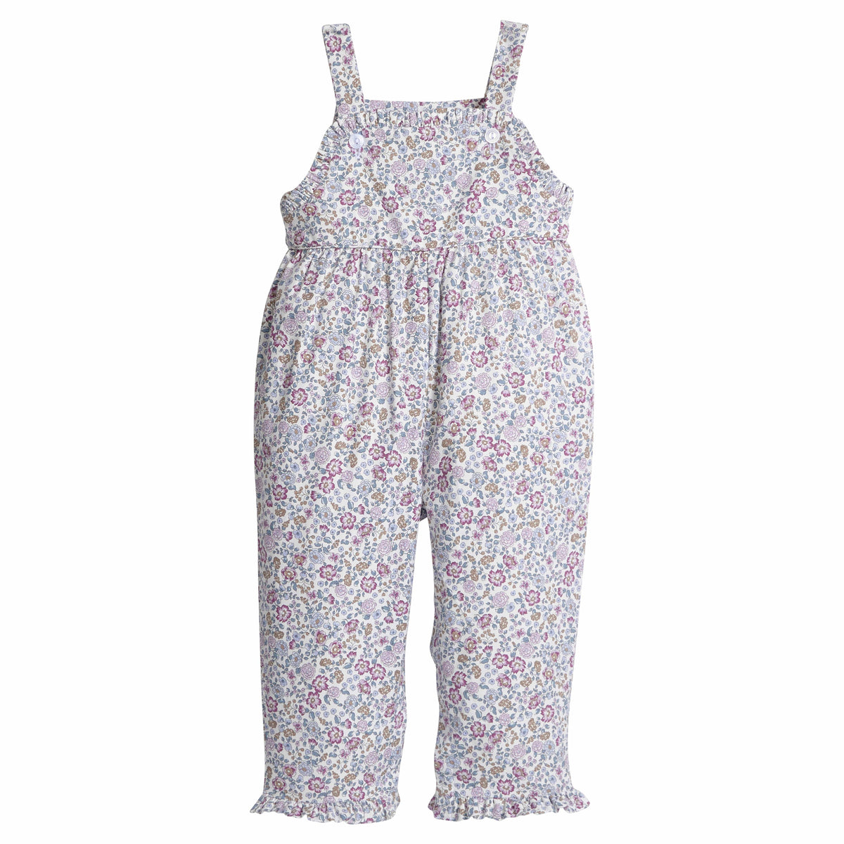 little english classic children's clothing girls lavender floral overall with ruffle bottom for fall 