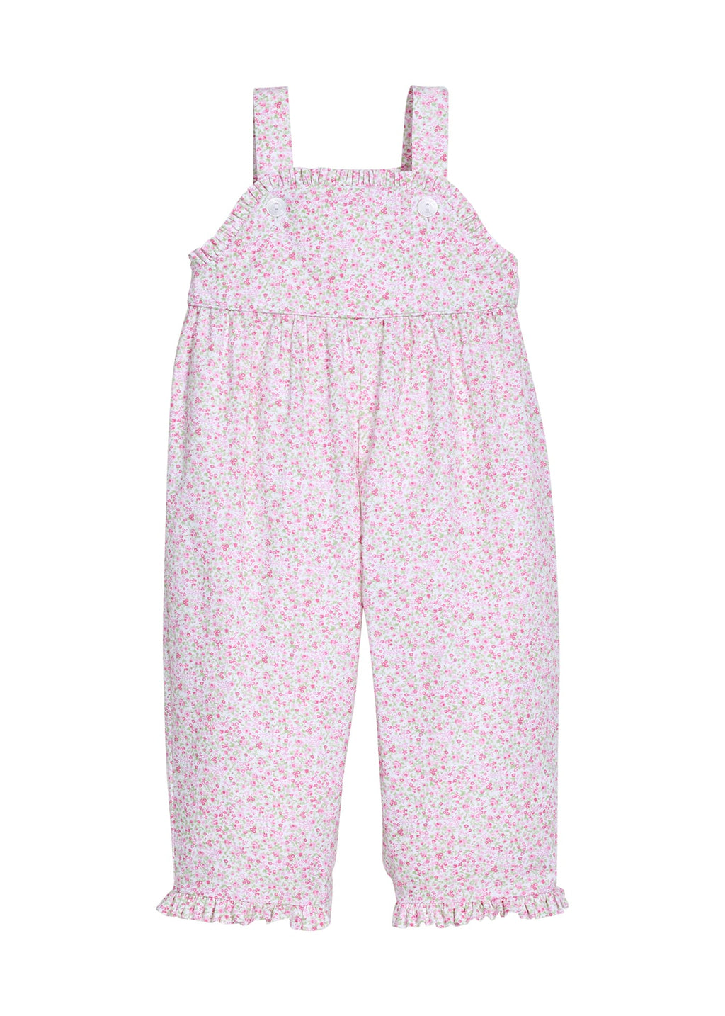 Little English traditional children's clothing.  Light pink and green Windemere floral overall with ruffle detailing