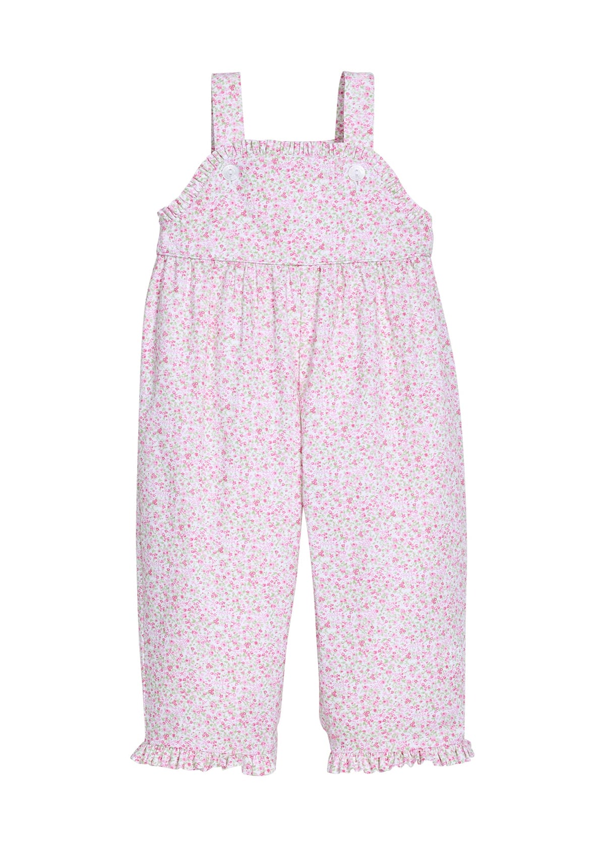 Little English traditional children's clothing.  Light pink and green Windemere floral overall with ruffle detailing