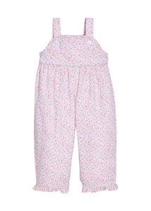 Little English traditional children's clothing.  Light pink and green Windemere floral overall with ruffle detailing