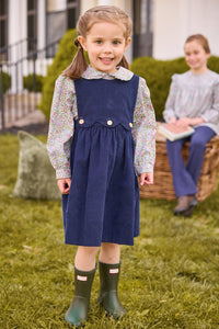 Little English classic outfits in lavender gables floral with navy button panel jumper and navy kick flare leggings, sister coordinating looks for fall