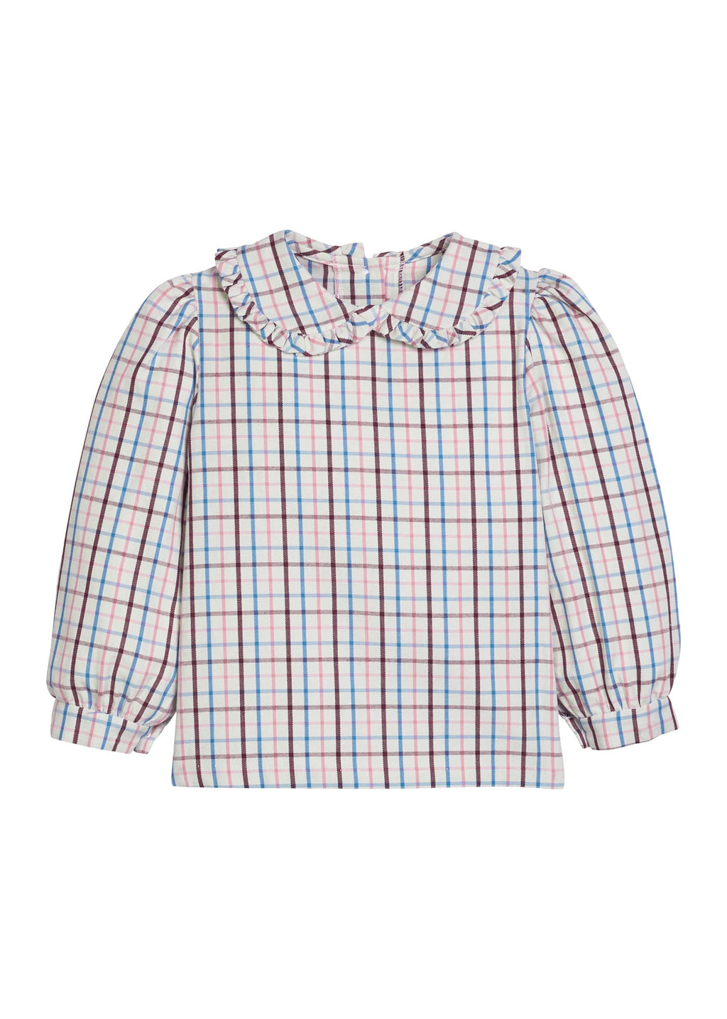 Little English traditional children's clothing.  Long sleeve ruffled peter pan blouse in brown, pink and blue Wilmington Plaid for girls