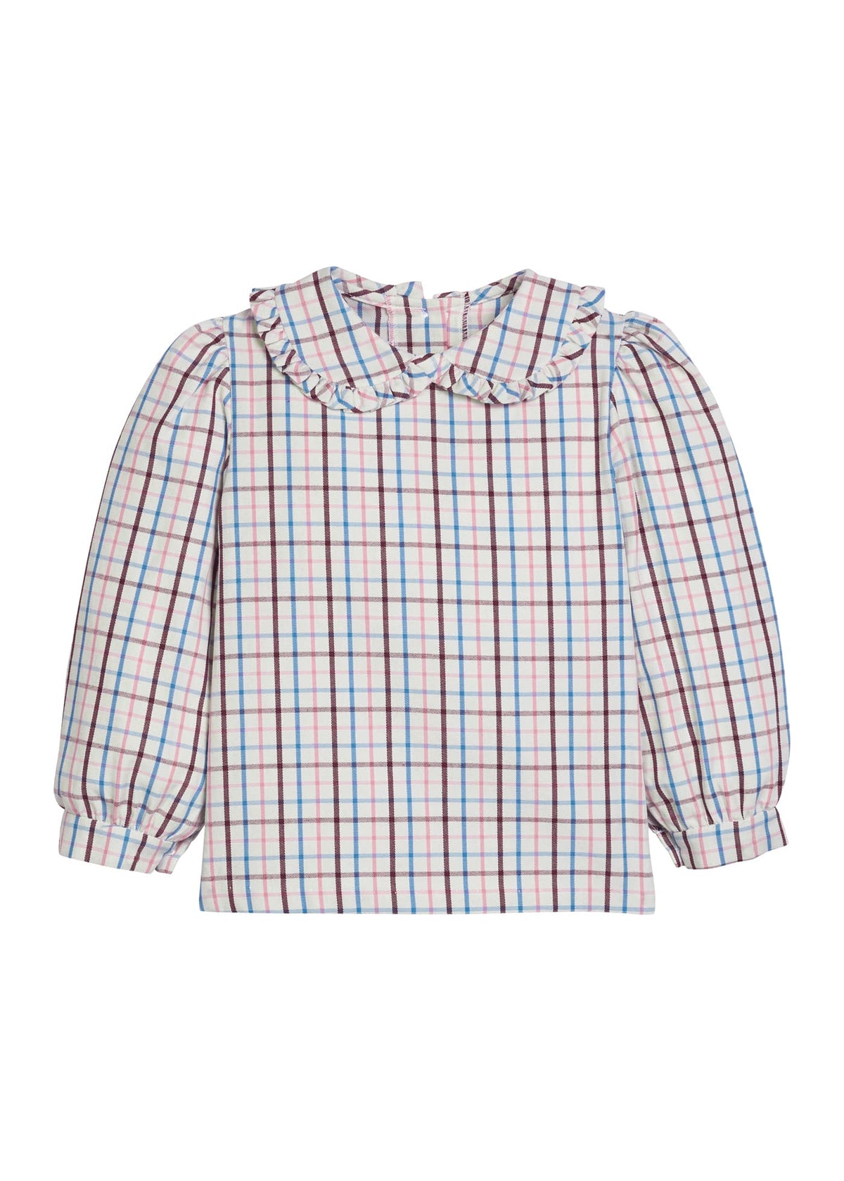 Little English traditional children's clothing.  Long sleeve ruffled peter pan blouse in brown, pink and blue Wilmington Plaid for girls