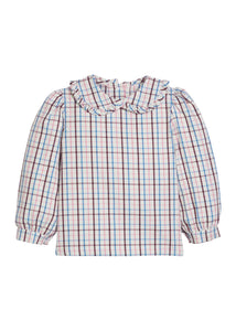 Little English traditional children's clothing.  Long sleeve ruffled peter pan blouse in brown, pink and blue Wilmington Plaid for girls