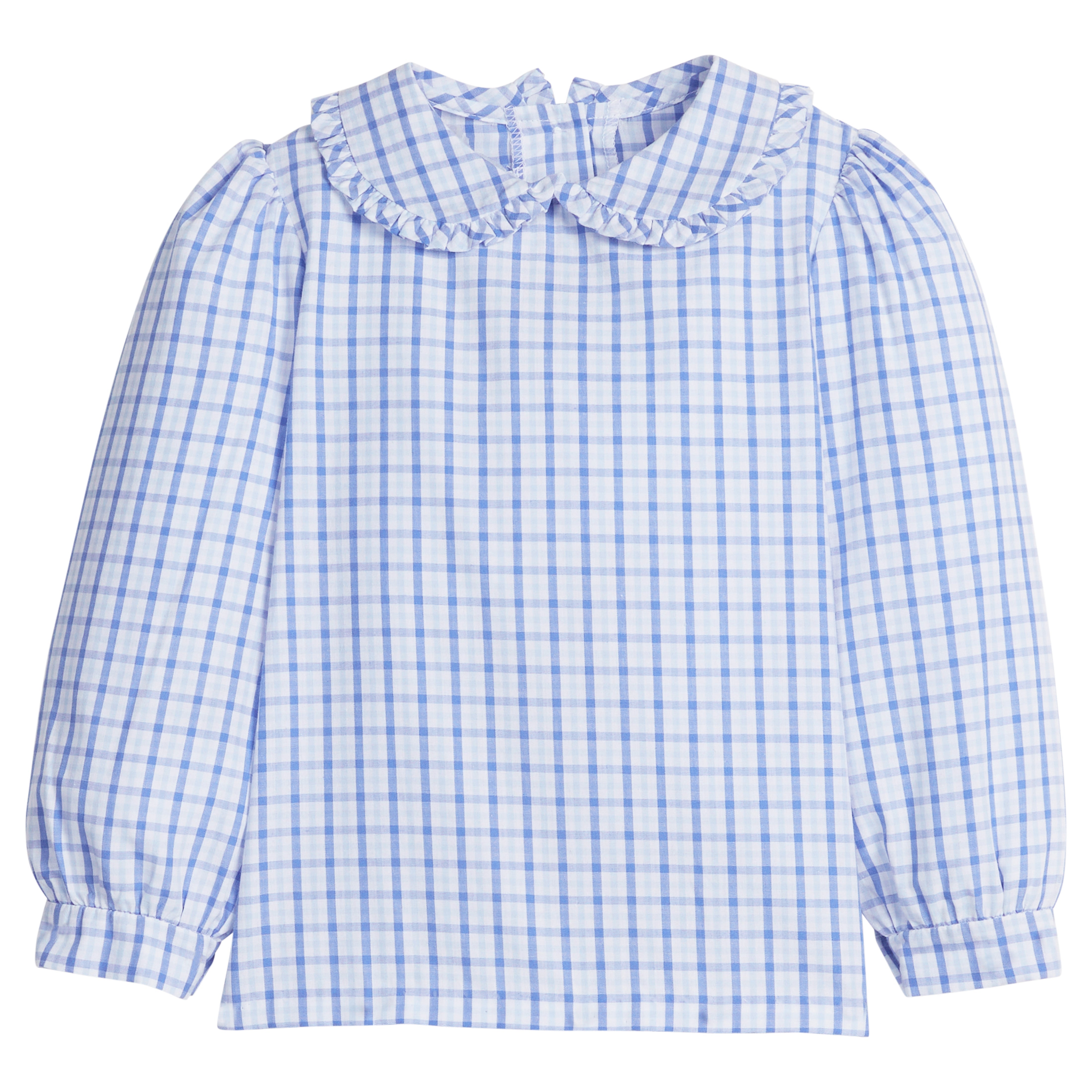little english classic children's clothing girls long sleeve peter pan blouse in a light blue and white plaid  