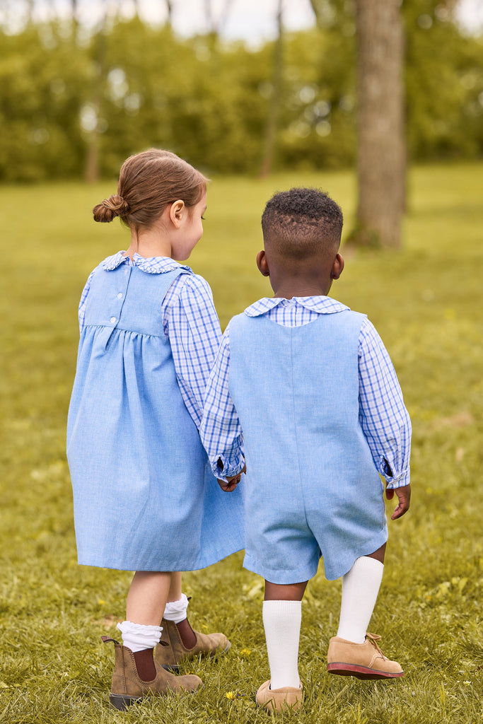 little english classic children's clothing girls long sleeve peter pan blouse in a light blue and white woodberry plaid with jumper in blue alaskan flannel, boys peter pan shirt in woodberry plaid, vintage button tab john john in blue alaskan flannel, Coordinating outfits for fall 