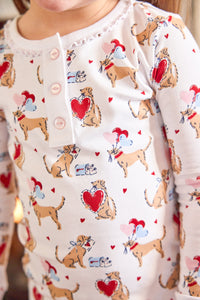 little english classic children's clothing girls long sleeve and pant pajamas with lab and red hearts all over print 