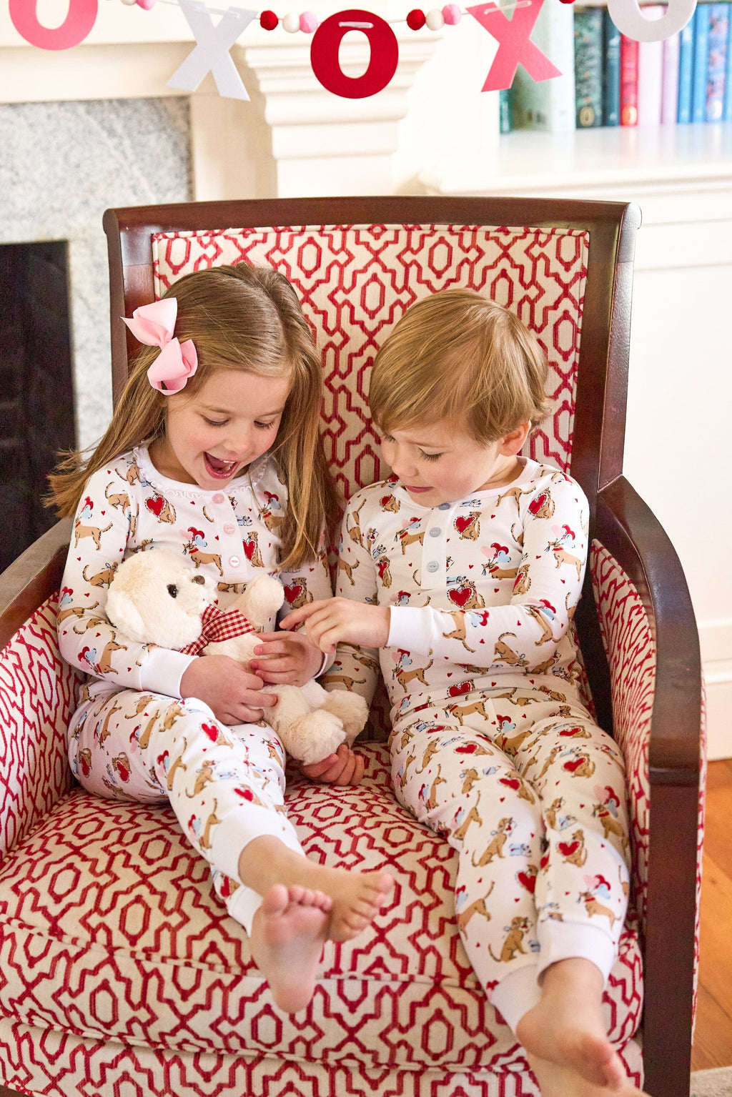 little english classic children's clothing long sleeve and pant pajamas with lab and red hearts all over print, ruffled collar for girl 
