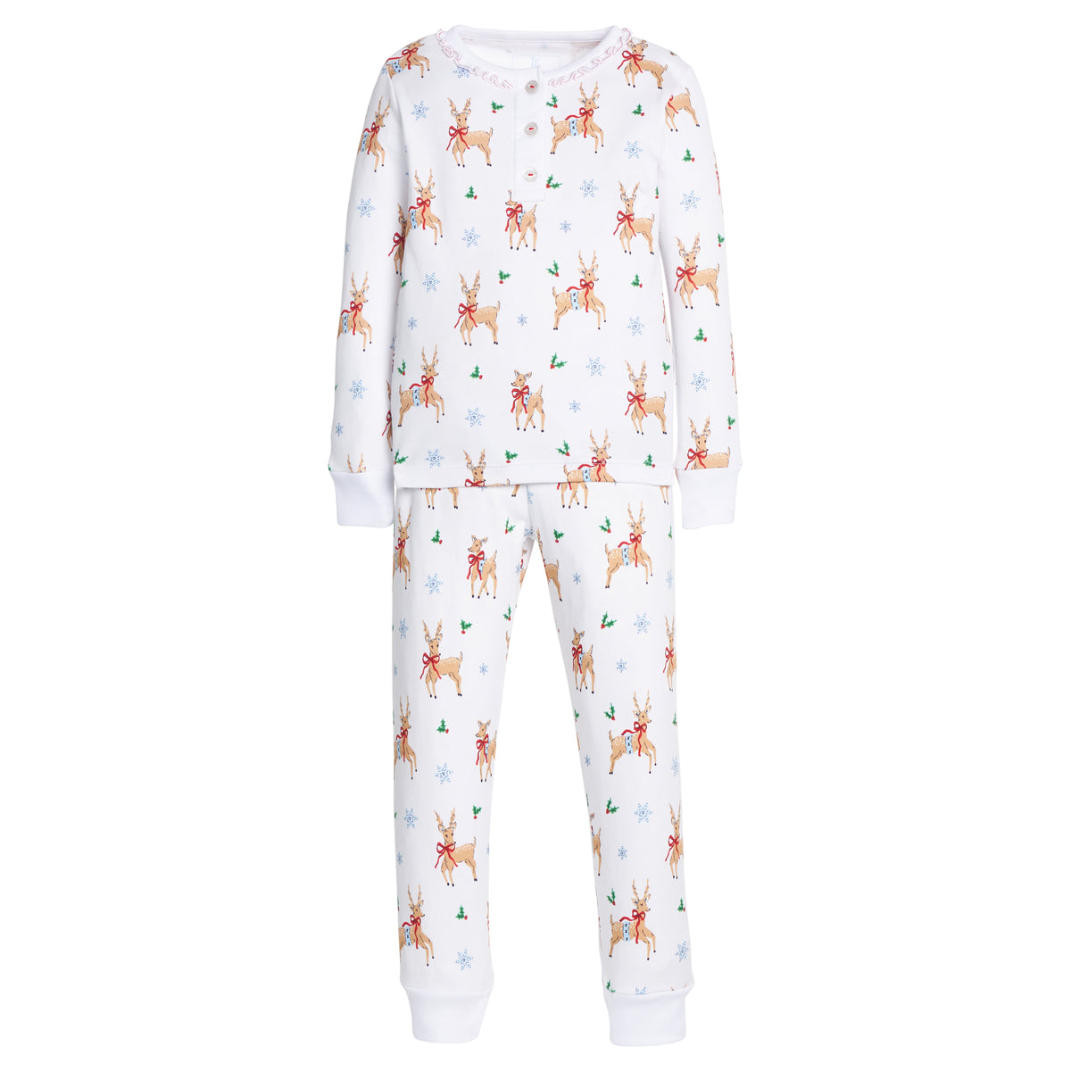 little english classic children's clothing girls long sleeve and pant pajama set with all over reindeer print for holiday 