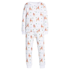 little english classic children's clothing girls long sleeve and pant pajama set with all over reindeer print for holiday 
