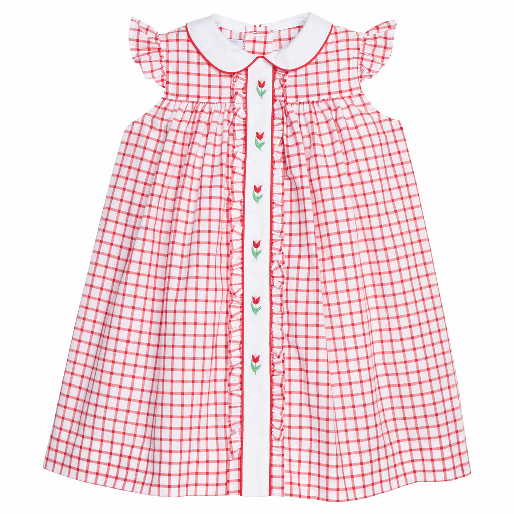 Little English traditional children's clothing. Classic dress for toddler girls in red windowpane with peter pan collar and tulip embroidery