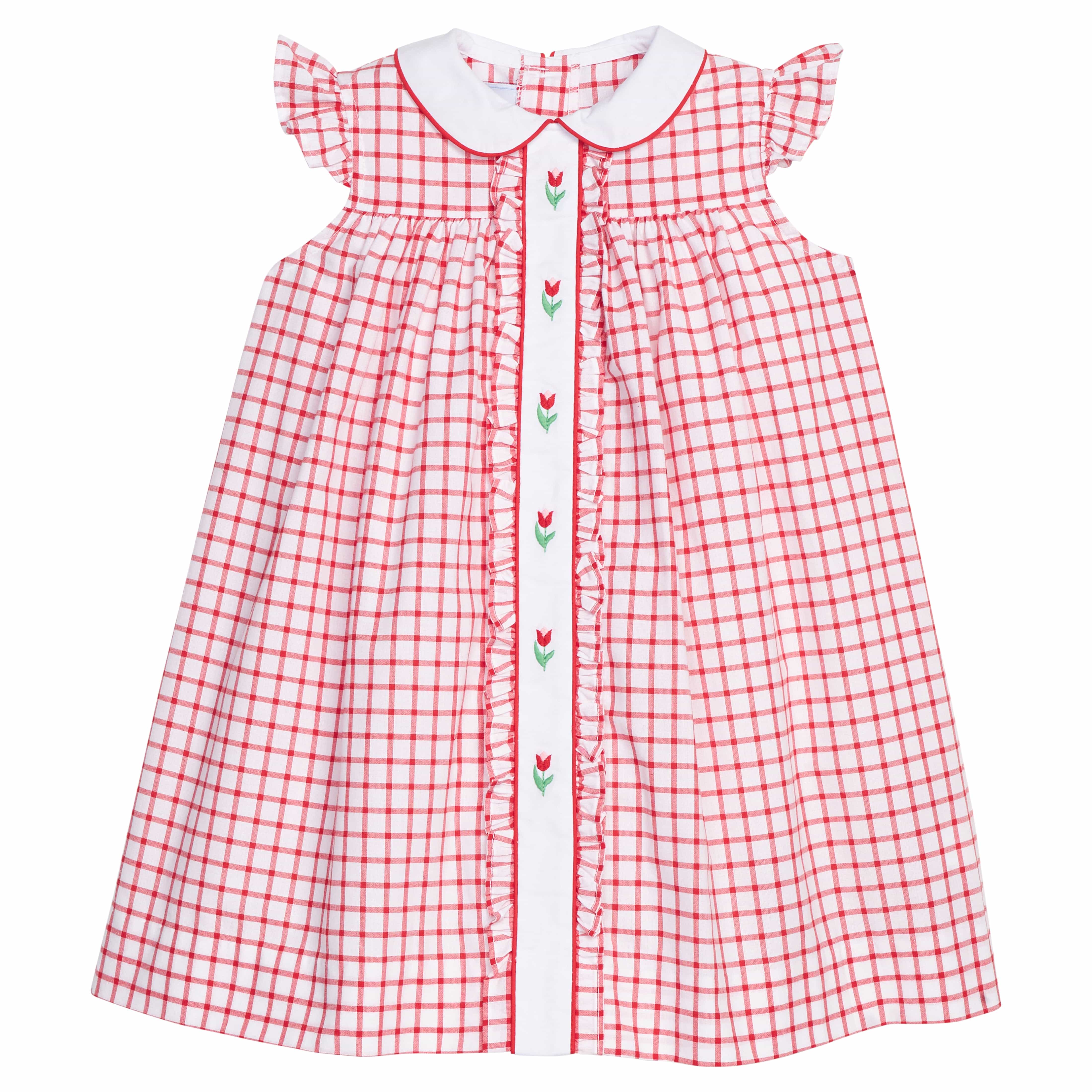 Little English traditional children's clothing. Classic dress for toddler girls in red windowpane with peter pan collar and tulip embroidery