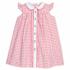 Little English traditional children's clothing. Classic dress for toddler girls in red windowpane with peter pan collar and tulip embroidery
