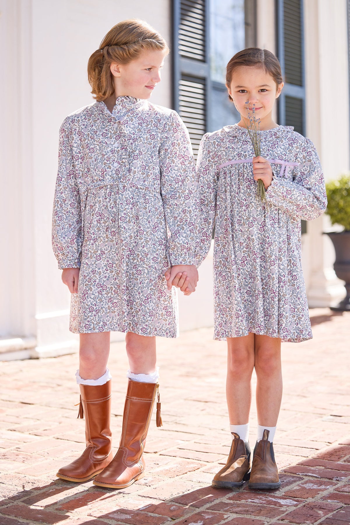 little english classic children's clothing lavender, light blue, and tan margaux floral print for girls for fall 
