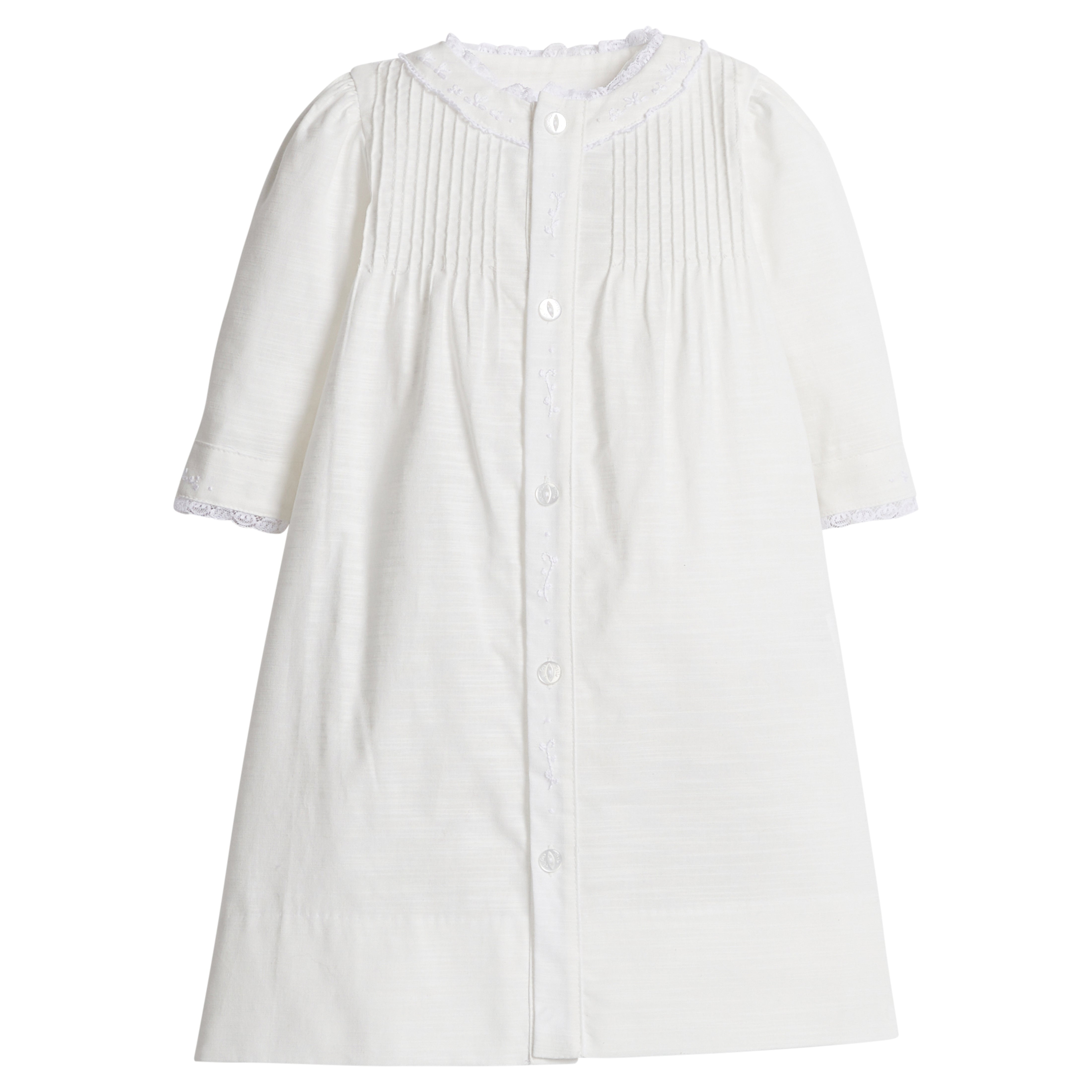 Little English traditional children's clothing.  Unisex pleated ivory newborn gown with ruffles and embroidered detailing at the collar and sleeves