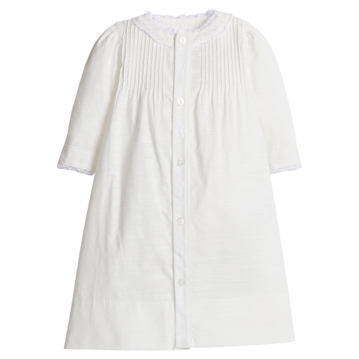 Little English traditional children's clothing.  Unisex pleated ivory newborn gown with ruffles and embroidered detailing at the collar and sleeves