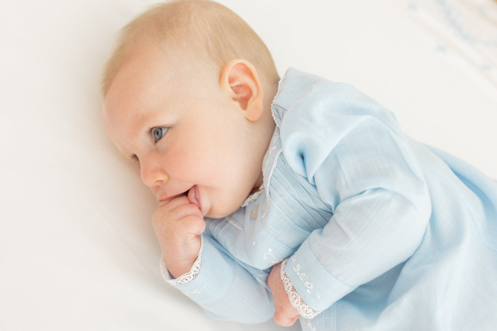 Little english classic ryeland day gown in light blue with button closure down front for baby 