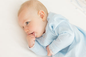 Little english classic ryeland day gown in light blue with button closure down front for baby 