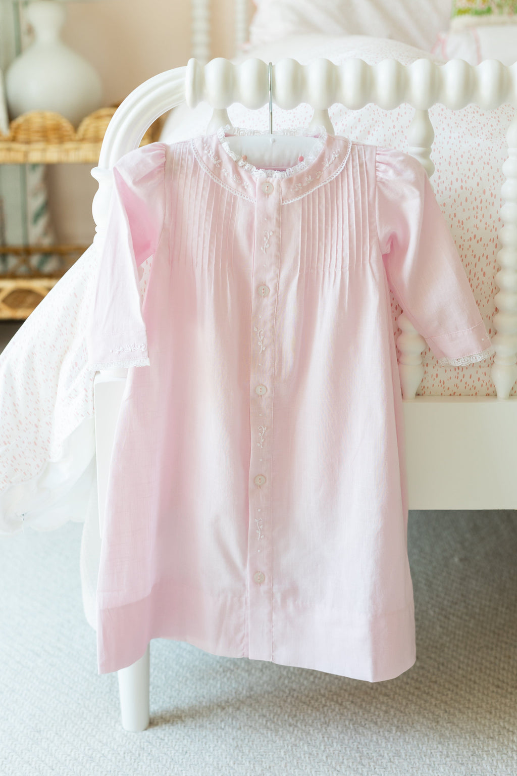 Little english classic ryeland day gown in light pink with button closure down front for baby 