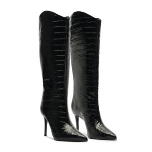 Maryana Wide Crocodile-Embossed Leather Boot in Black