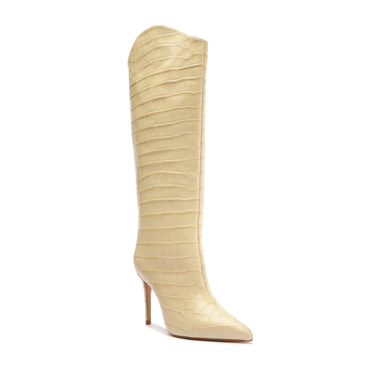 Maryana Wide Crocodile-Embossed Leather Boot in Beige