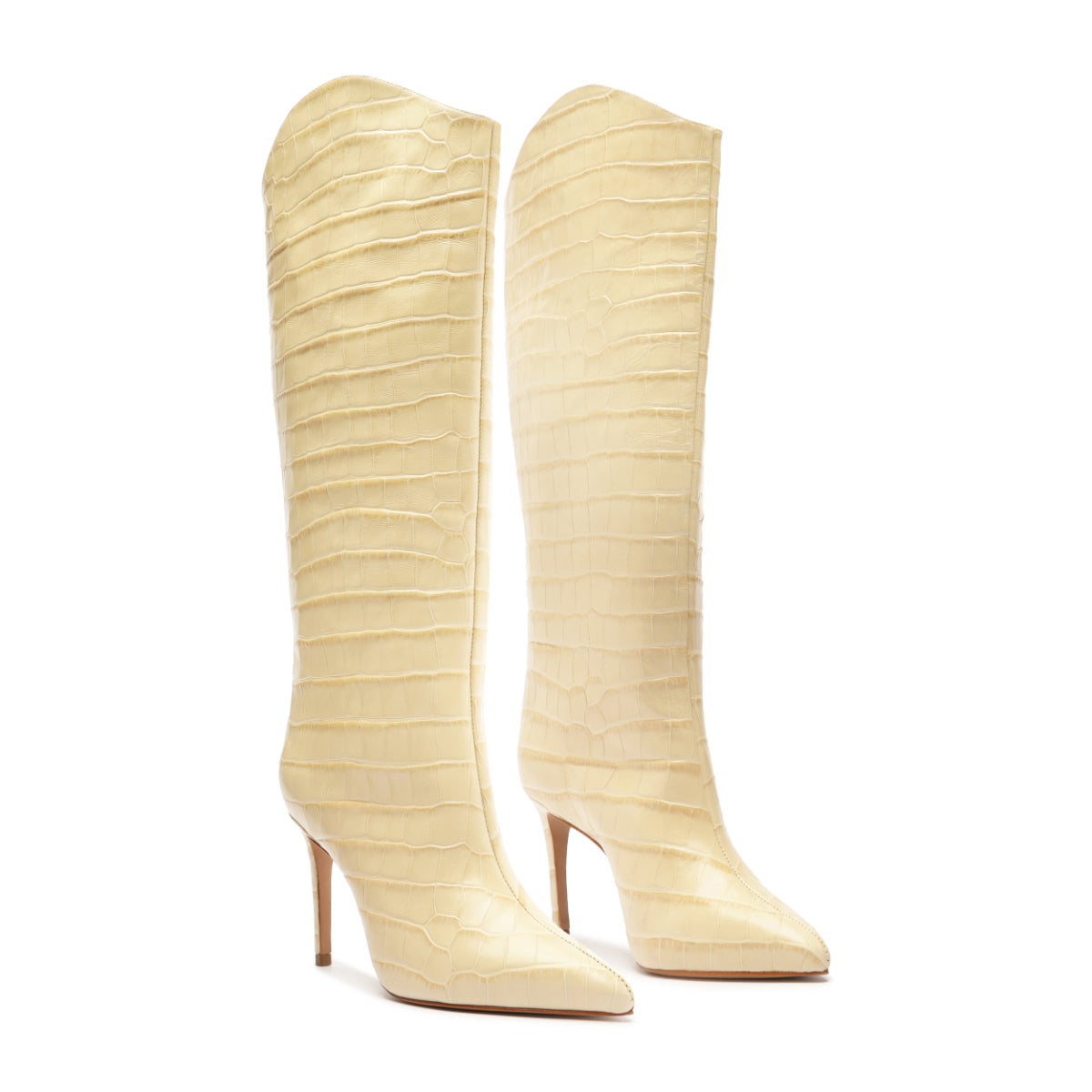 Maryana Wide Crocodile-Embossed Leather Boot in Beige