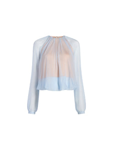 Silk Long Sleeve Gathered Blouse in Cornflower