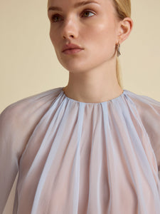 Silk Long Sleeve Gathered Blouse in Cornflower