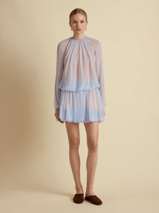 Silk Long Sleeve Gathered Blouse in Cornflower