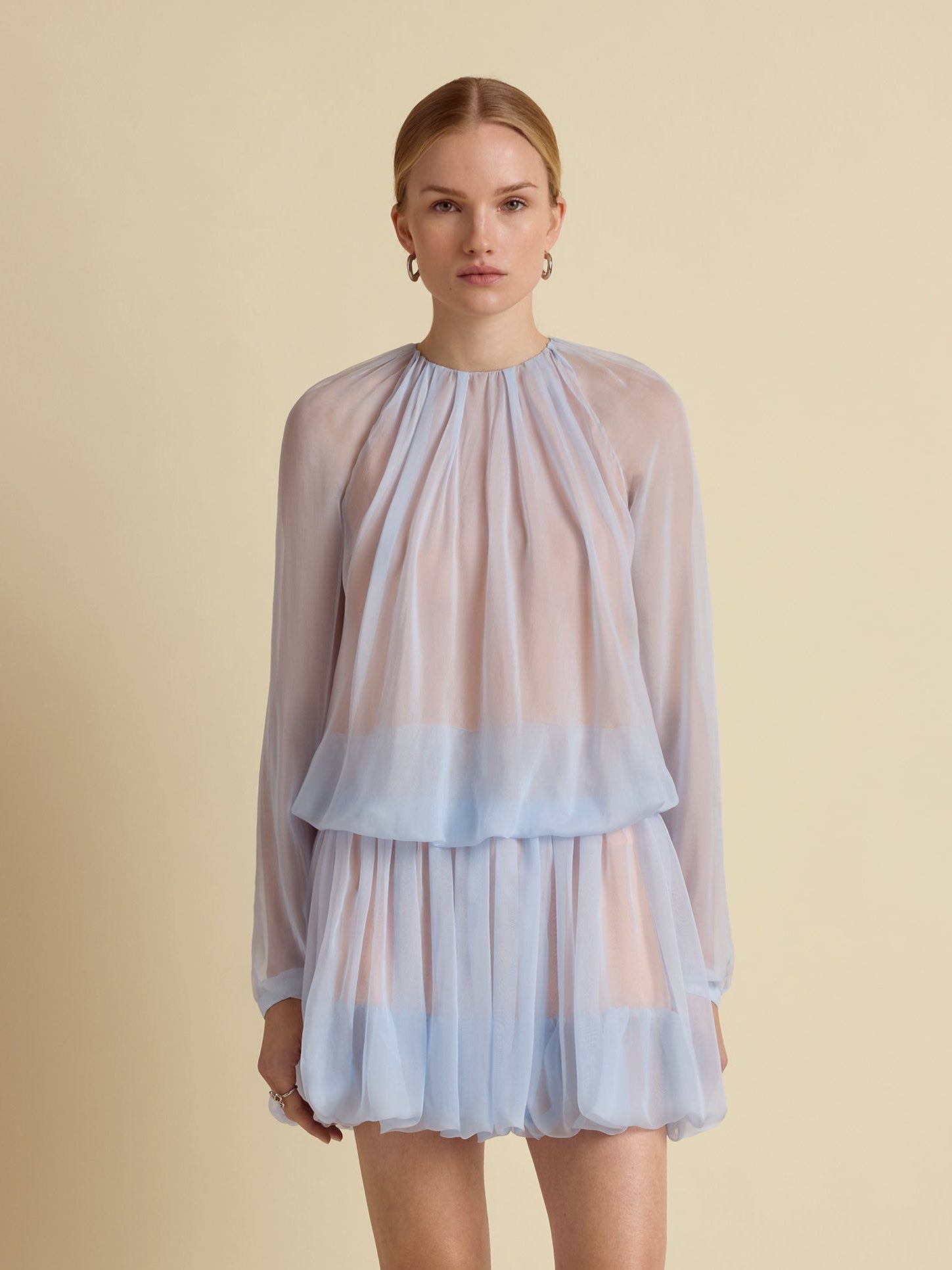 Silk Long Sleeve Gathered Blouse in Cornflower