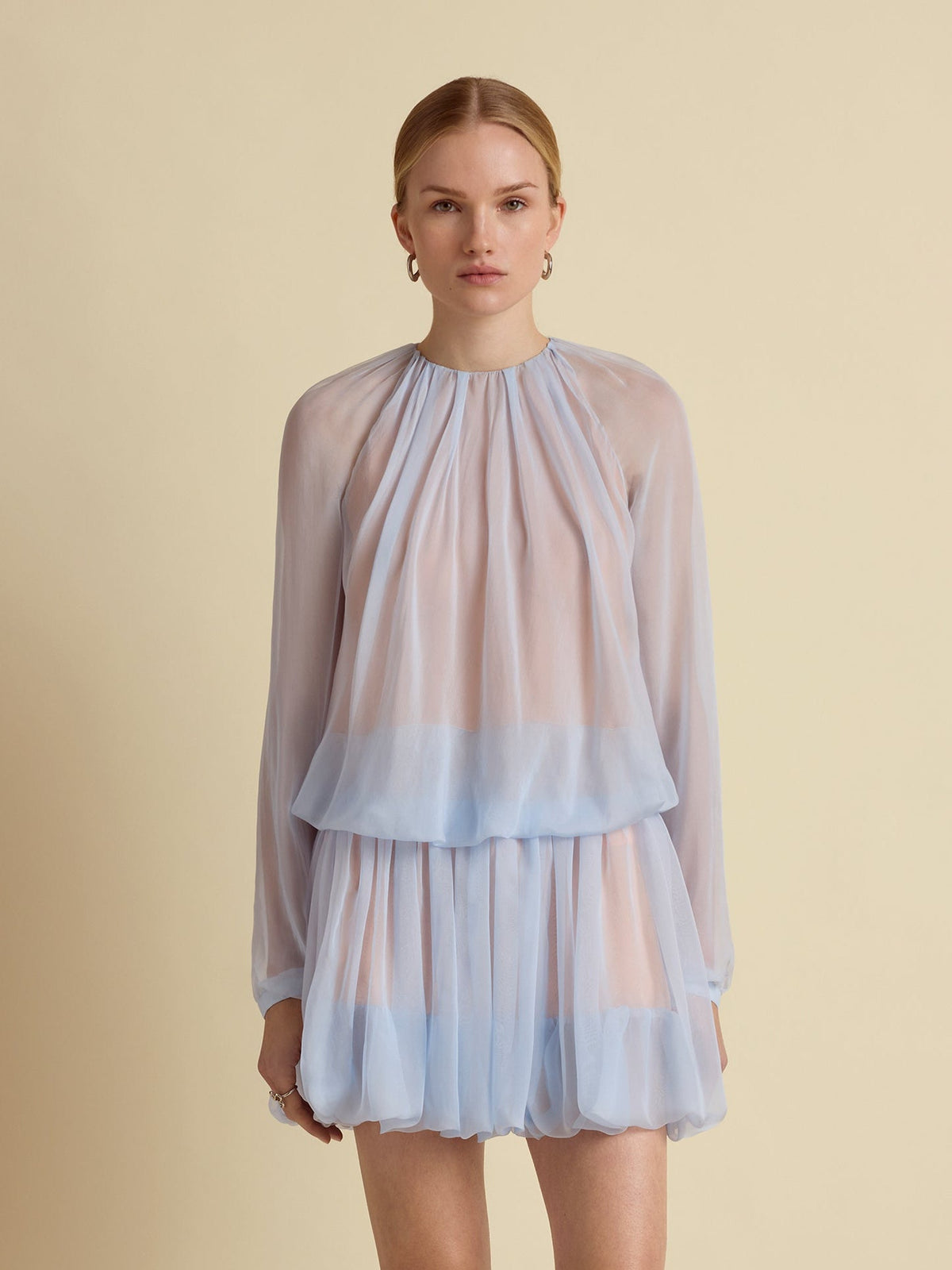 Silk Long Sleeve Gathered Blouse in Cornflower