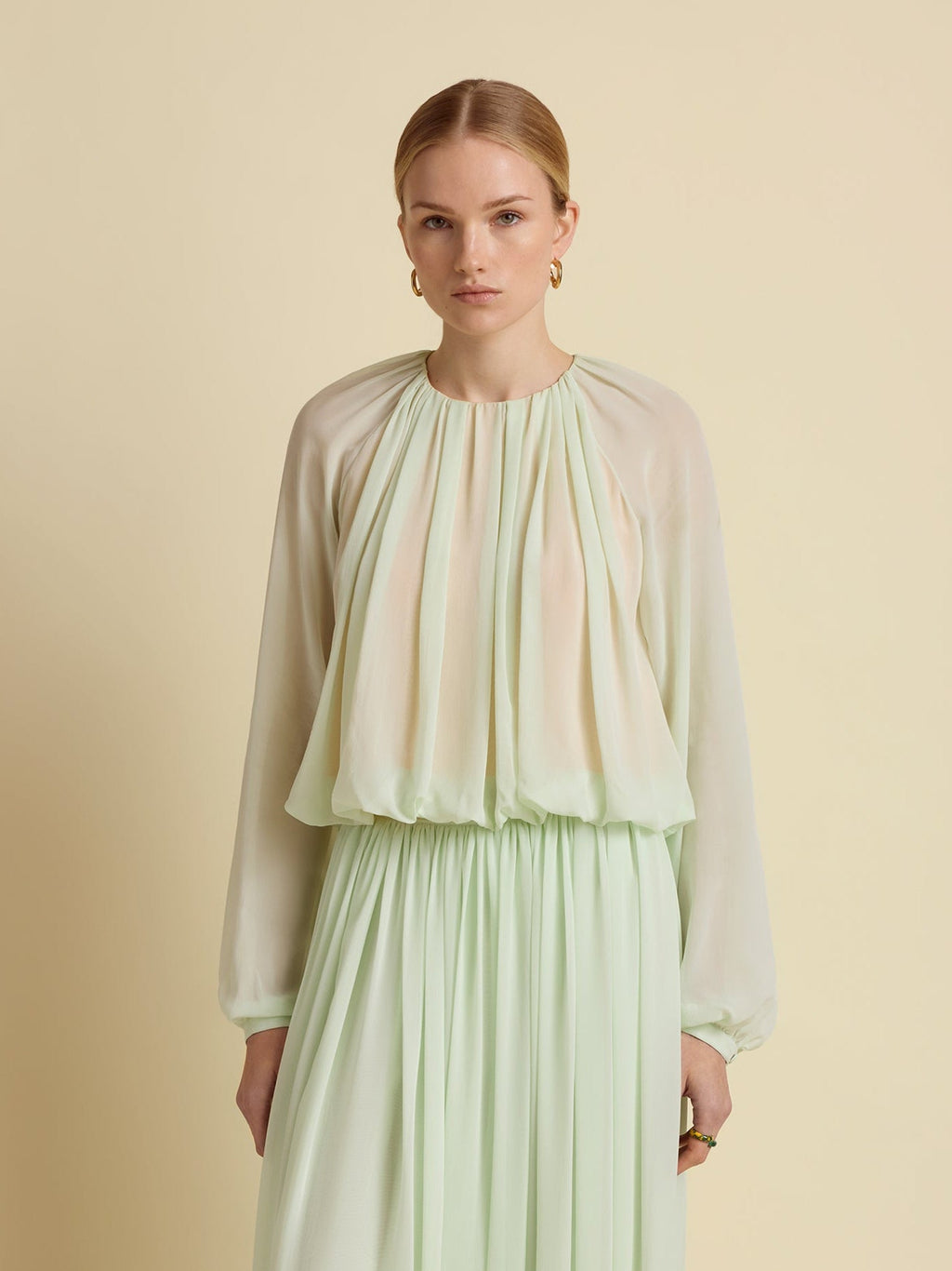 Silk Long Sleeve Gathered Blouse in Hemlock