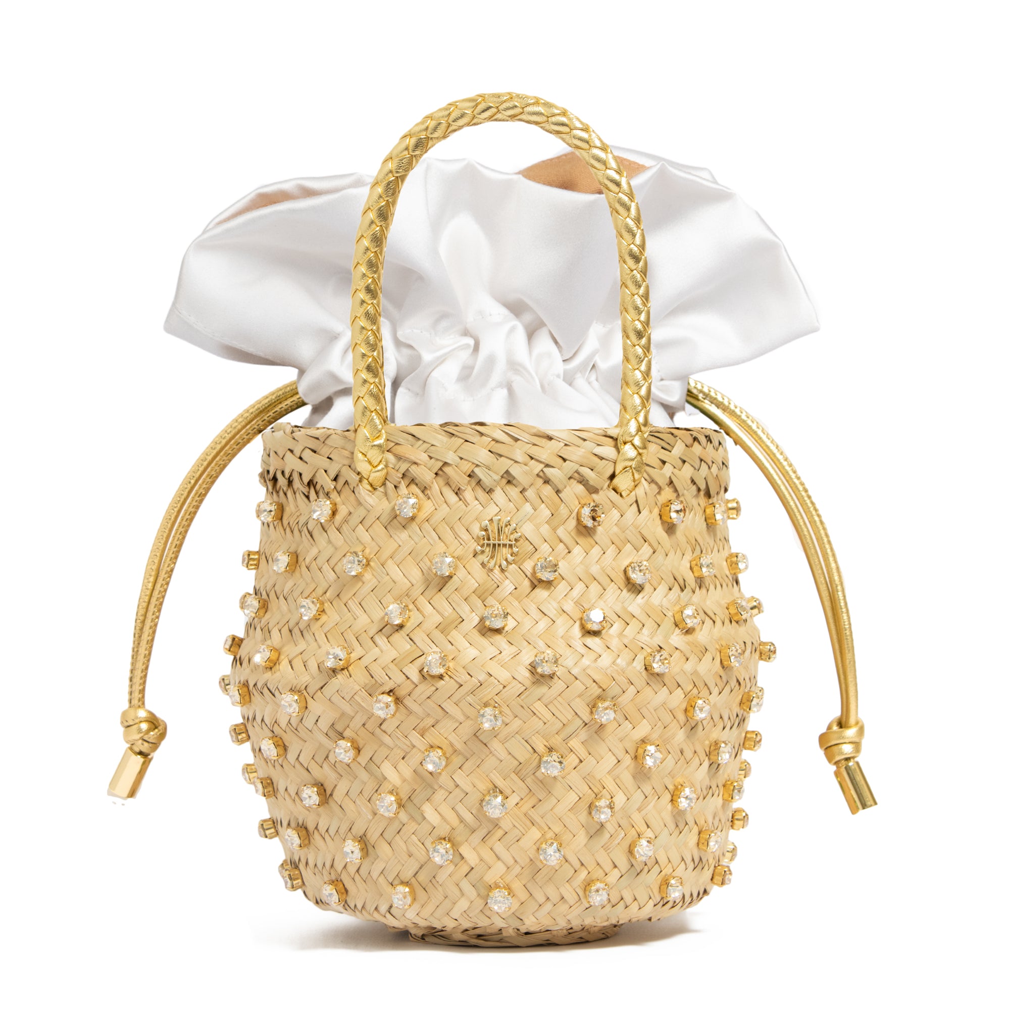 Front view of Nina Crystal Sorbet bag with woven straw, crystal studs, braided gold handles and white satin drawstring