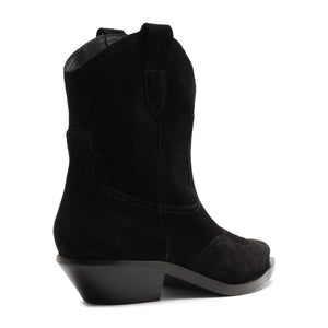 Side view of the Nash Suede Bootie in black showcasing its pointed toe and low block heel with a white background
