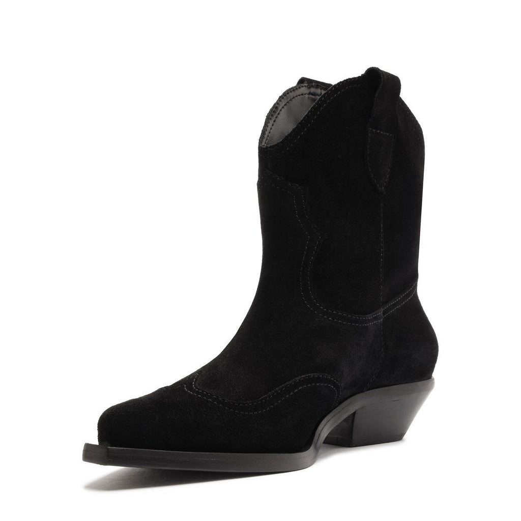Side view of the Nash Suede Bootie in black showcasing its pointed toe and low block heel with a white background