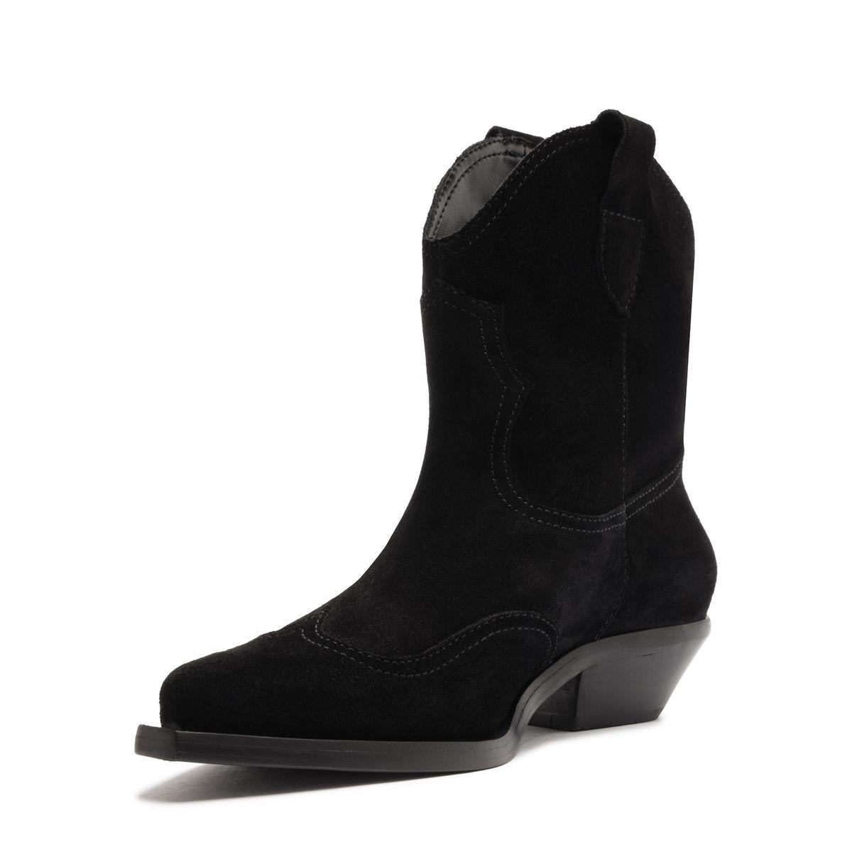 Side view of the Nash Suede Bootie in black showcasing its pointed toe and low block heel with a white background