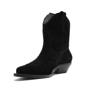 Side view of the Nash Suede Bootie in black showcasing its pointed toe and low block heel with a white background
