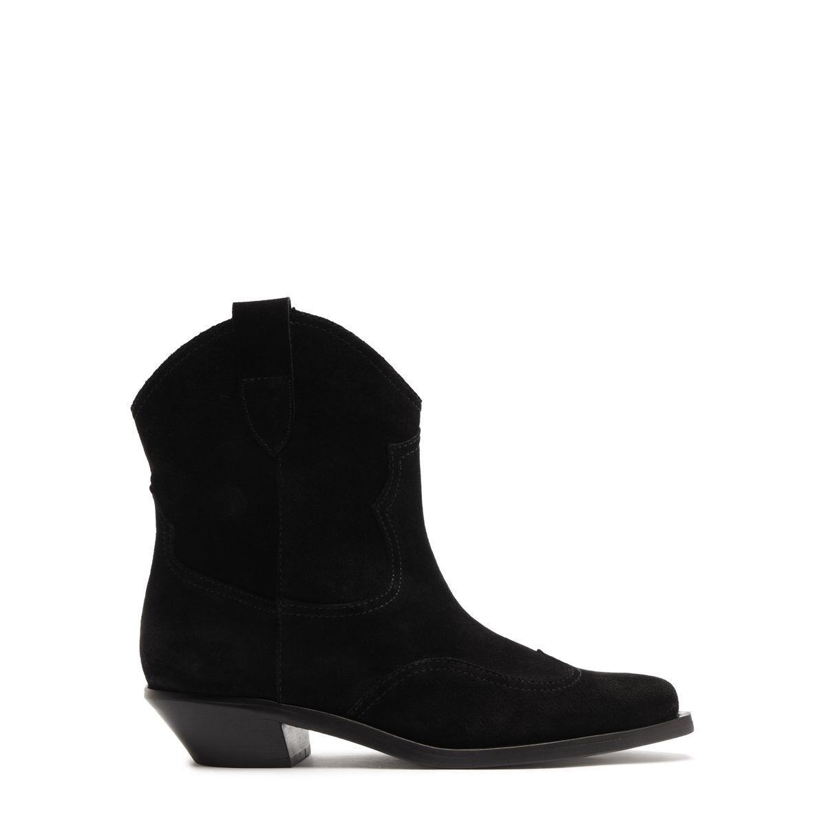 Side view of Nash suede bootie in black showcasing pointed toe and low block heel with white background