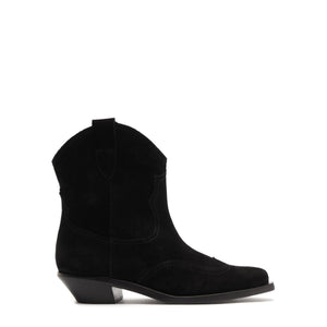 Side view of Nash suede bootie in black showcasing pointed toe and low block heel with white background