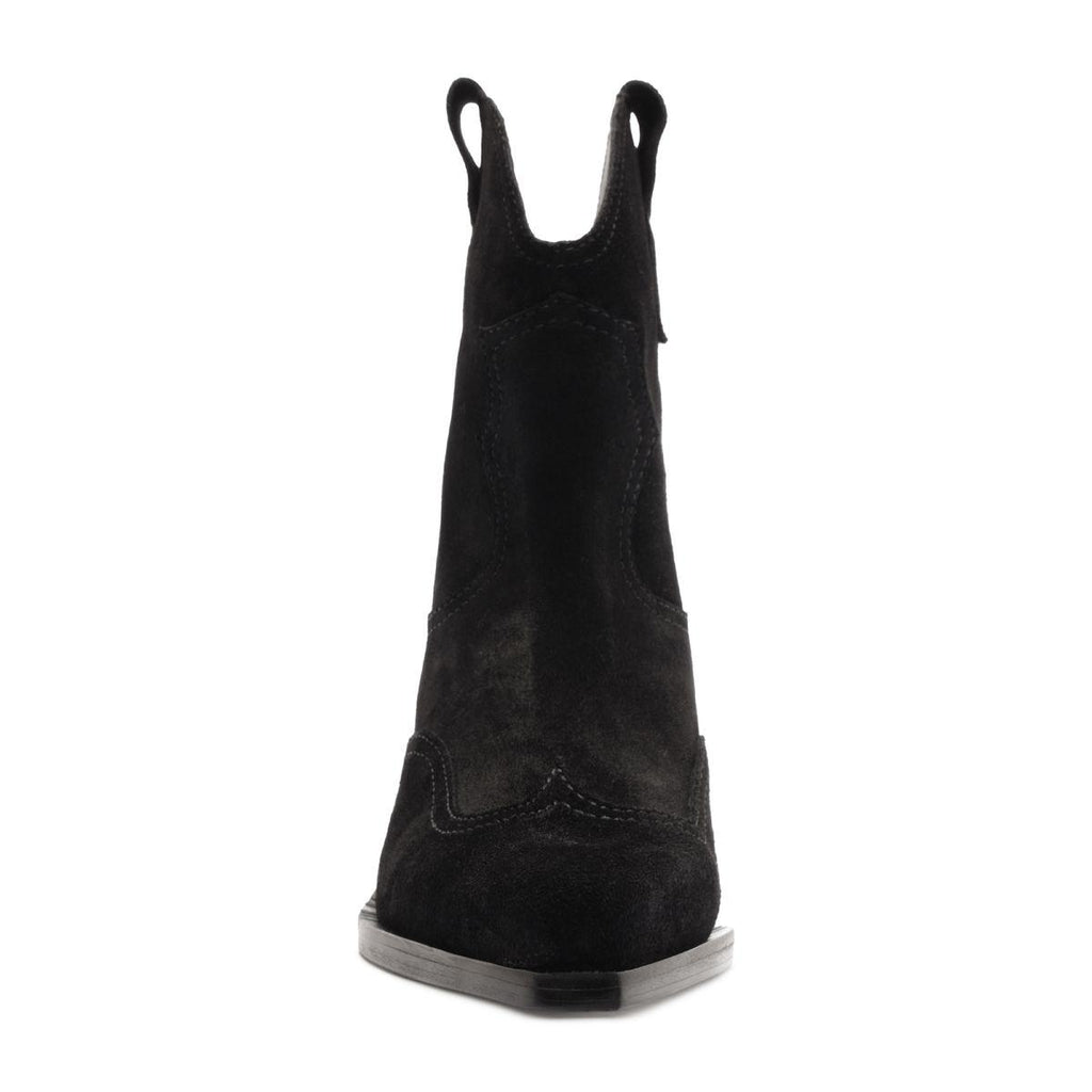Front view of Nash suede bootie showcasing its black suede upper and pointed toe with white background