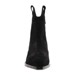 Front view of Nash suede bootie showcasing its black suede upper and pointed toe with white background