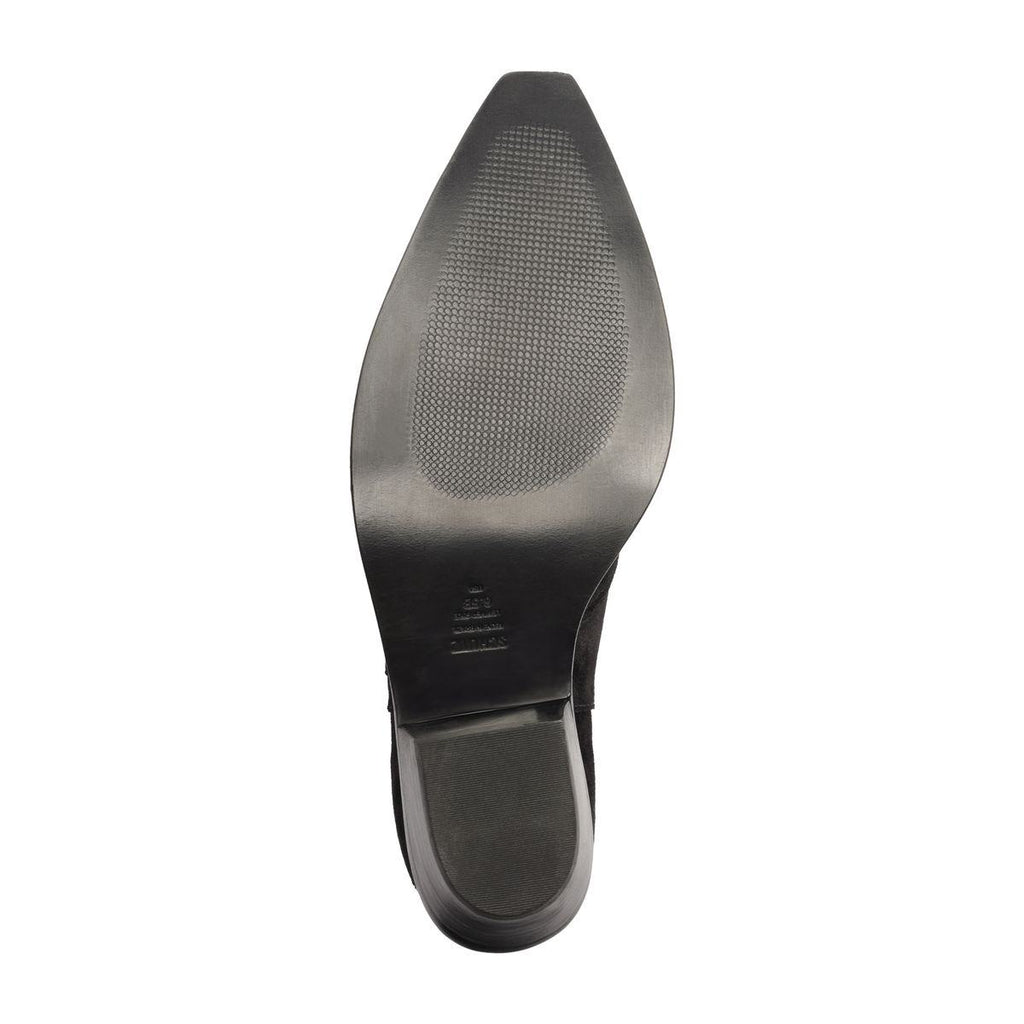 Bottom view of Nash Suede Bootie in Black showcasing its textured sole and low block heel against a white background