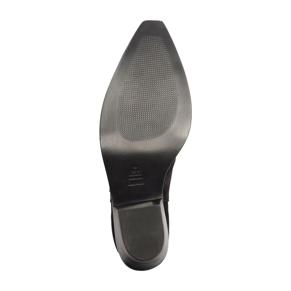 Bottom view of Nash Suede Bootie in Black showcasing its textured sole and low block heel against a white background