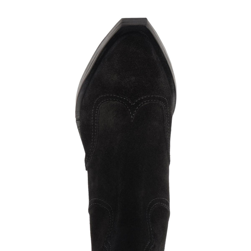 Top view of Nash Suede Bootie in Black showcasing its pointed toe and stitched suede upper with a white background