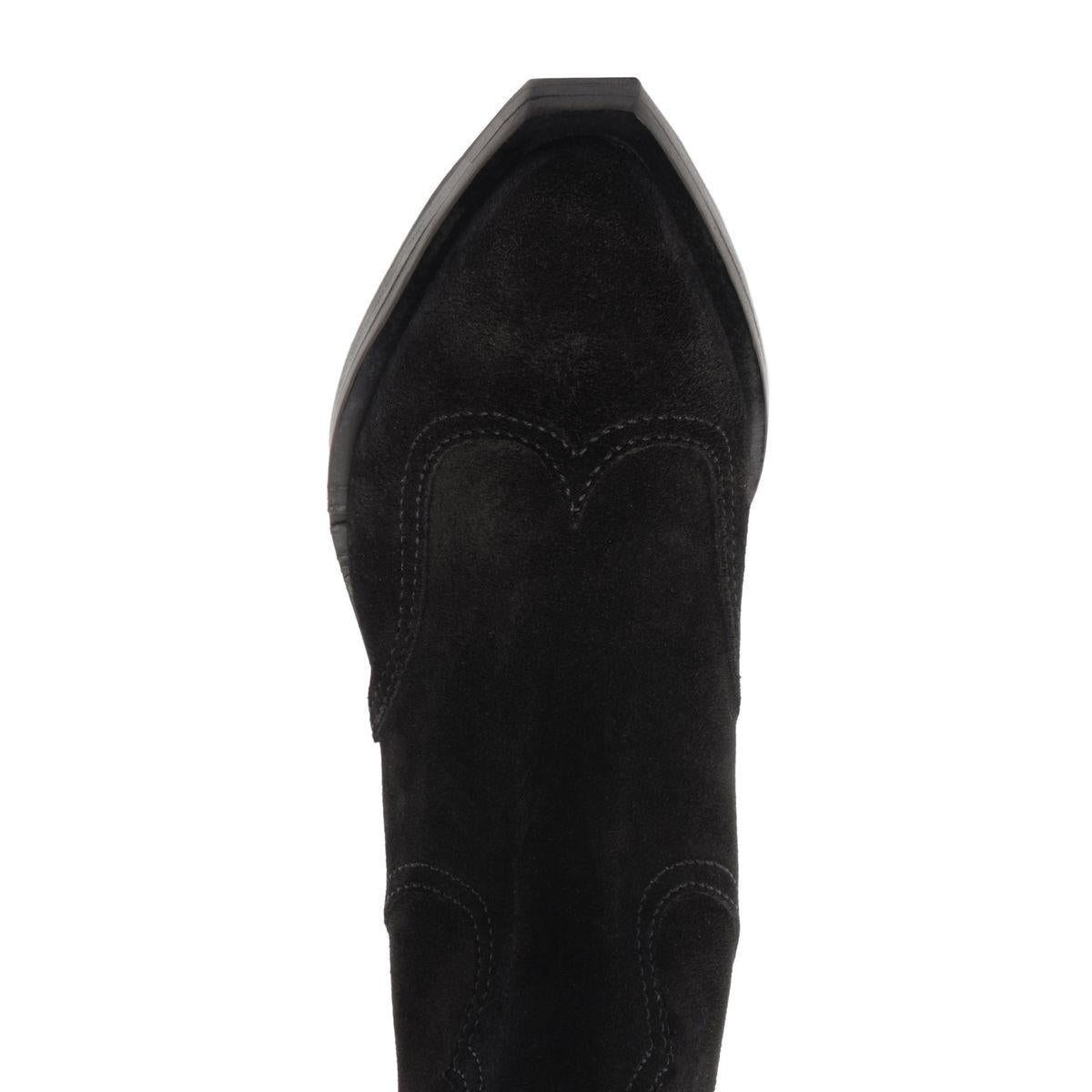 Top view of Nash Suede Bootie in Black showcasing its pointed toe and stitched suede upper with a white background