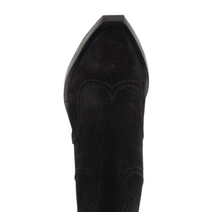 Top view of Nash Suede Bootie in Black showcasing its pointed toe and stitched suede upper with a white background