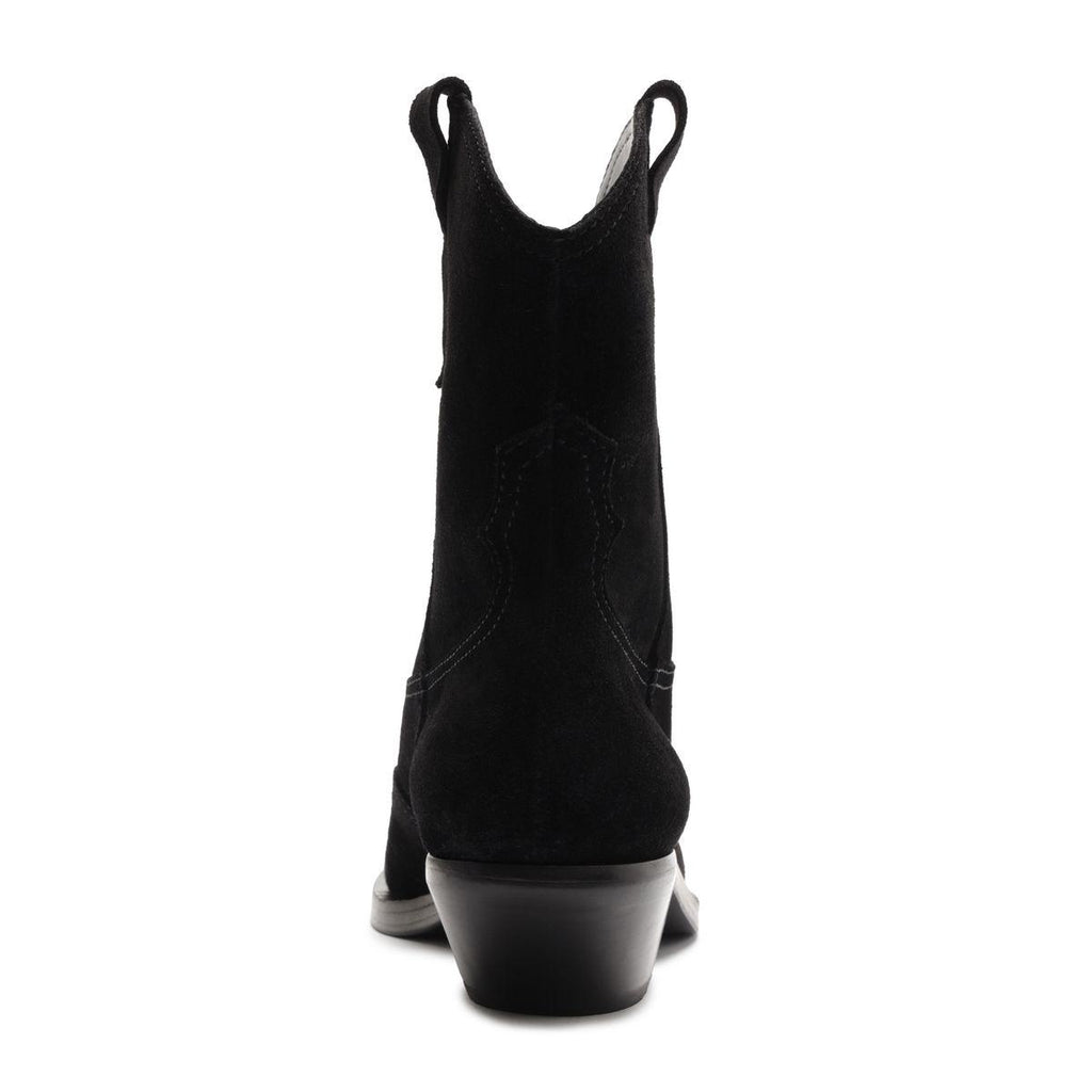 Rear view of Nash Suede Bootie in Black showcasing pull tabs and low block heel against a white background