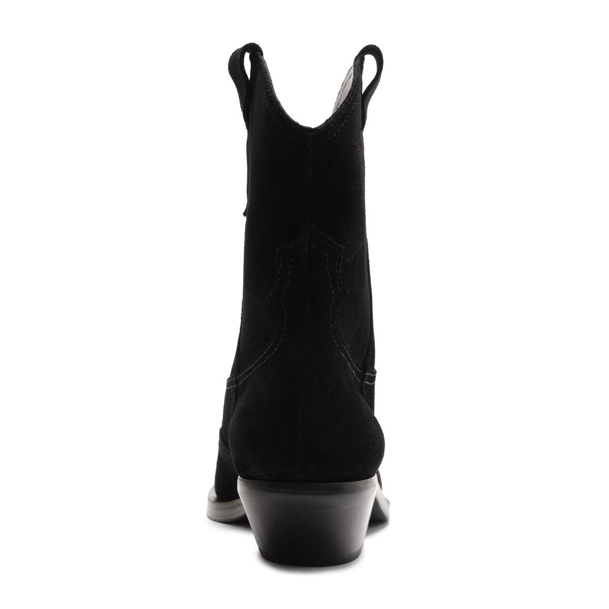 Rear view of Nash Suede Bootie in Black showcasing pull tabs and low block heel against a white background