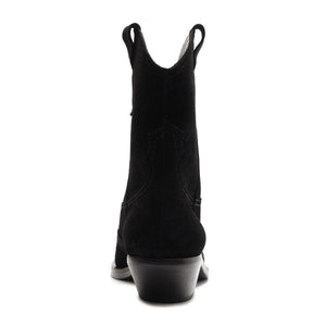 Rear view of Nash Suede Bootie in Black showcasing pull tabs and low block heel against a white background